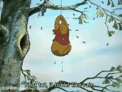 Winnie The Pooh Hanging From Tree Saying Tut Tut It Looks Like Rain GIF