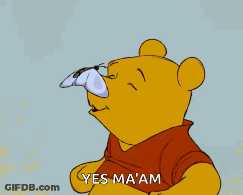 Winnie The Pooh Holding Butterfly On Nose Saying Yes Ma'am GIF