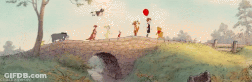Winnie The Pooh Holding Red Balloon On Bridge GIF