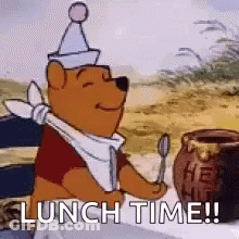 Winnie The Pooh Holding Spoon And Knife Saying Lunch Time GIF