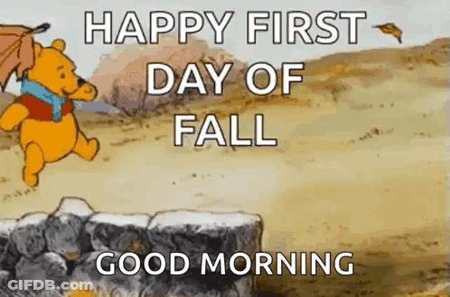 Winnie The Pooh Holding Umbrella Saying Happy First Day Of Fall Good Morning GIF