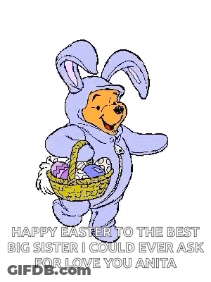 Winnie The Pooh Is Dressed As An Easter Bunny And Holding An Easter Basket GIF