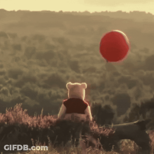 Winnie The Pooh Is Looking At A Red Balloon In The Sky GIF