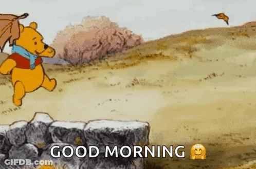 Winnie The Pooh Is Running In A Field With An Umbrella And Leaves Flying In The Wind . GIF