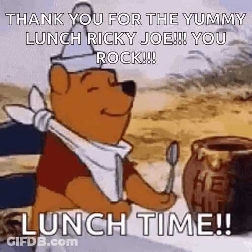 Winnie The Pooh Is Sitting At A Table With A Jar Of Honey And A Spoon In His Hand . GIF