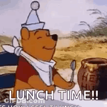 Winnie The Pooh Is Sitting At A Table With A Spoon In His Hand And A Jar Of Honey . GIF
