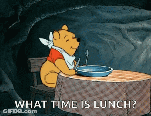Winnie The Pooh Sitting At Table With Food Saying What Time Is Lunch GIF