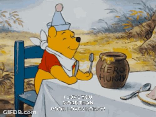 Winnie The Pooh Sitting At Table With Honey Jar And Spoon GIF