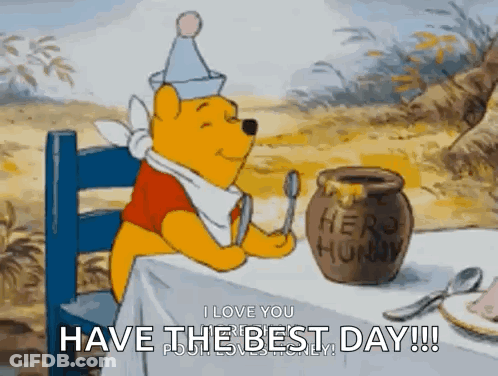 Winnie The Pooh Sitting At Table With Honey Pot And Spoon GIF