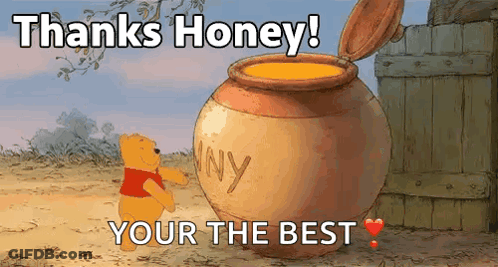 Winnie The Pooh Standing Next To A Jar Of Honey GIF