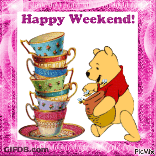 Winnie The Pooh With Stack Of Cups And Saucers Happy Weekend GIF