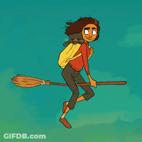 Witch Flying Broom With Cat GIF