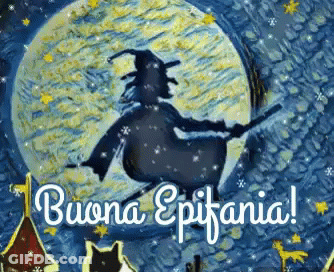 Witch Flying On Broom Under Full Moon Buona Epifania GIF
