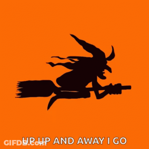 Witch Flying On Broom Up Up And Away GIF