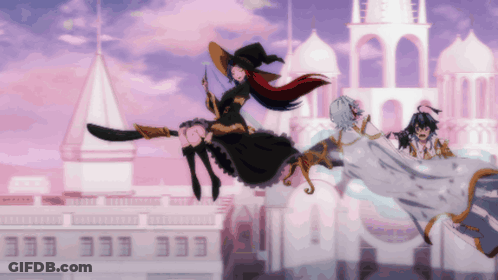 Witch Flying On Broom With Two Characters GIF
