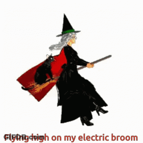 Witch Flying On Electric Broom With Cat On Back GIF