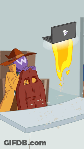 Witch Holding Chair, Laptop With Skull And Crossbones GIF