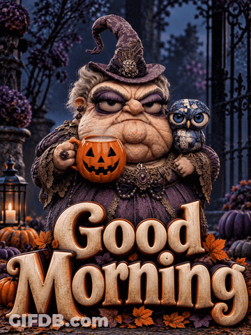 Witch Holding Pumpkin Saying Good Morning GIF