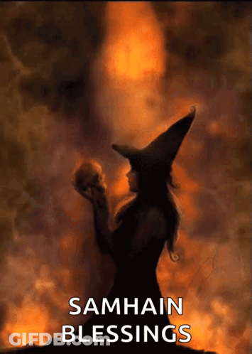 Witch Holding Skull Samhain Blessings GIF