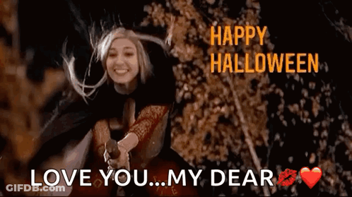 Witch In Costume Holding Pumpkin Says Happy Halloween Love You My Dear GIF