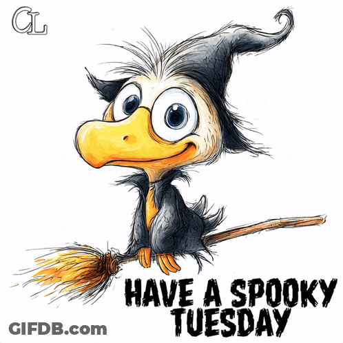 Witch On Broom Saying Have A Spooky Tuesday GIF