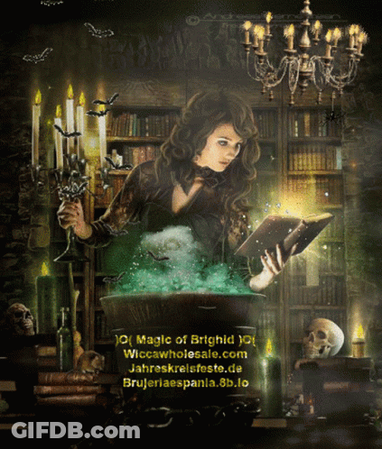 Witch Reading Book In Cauldron GIF