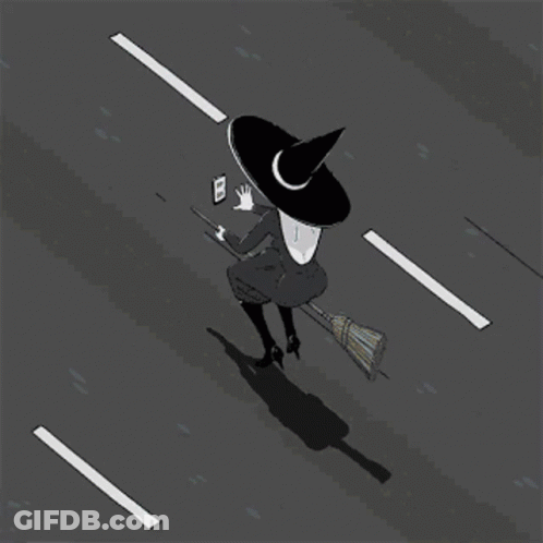 Witch Riding Broom On Street GIF