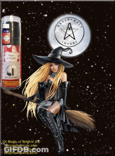 Witch Sitting On Broom Next To Import Candle GIF