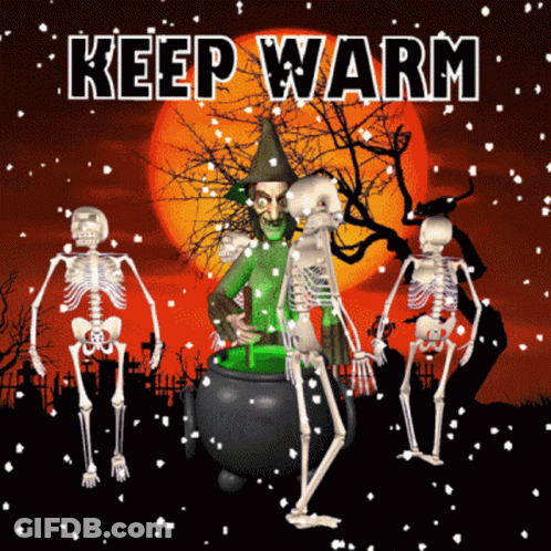 Witch Surrounded By Skeletons Keep Warm GIF