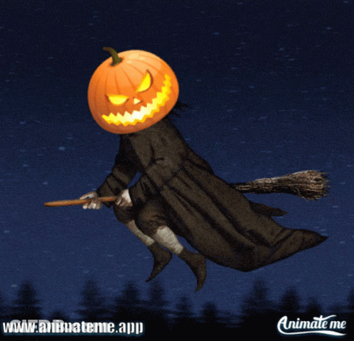 Witch With Pumpkin On Head Flying On Broom GIF