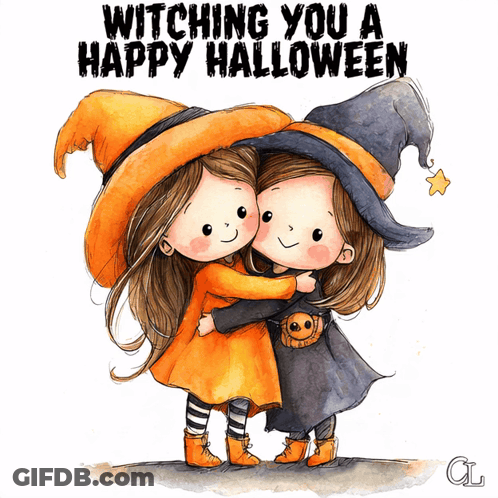 Witching You A Happy Halloween Greeting Card With Two Little Girls Hugging GIF