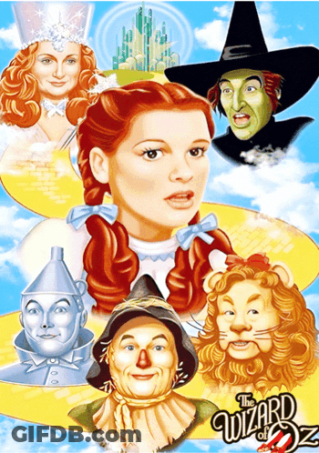 Wizard Of Oz Poster With Scarecrow Lion And Wizard GIF