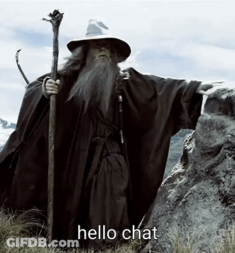 Wizard With Beard And Cane Standing On Rock Saying Hello Chat GIF