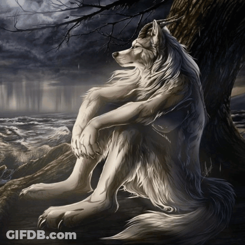 Wolf Sitting Under Tree Near Ocean GIF