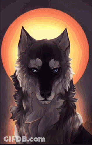 Wolf With Blue Eyes In Front Of Orange Sun GIF