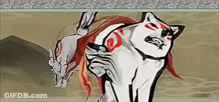 Wolf With Red Tail Next To Horse GIF