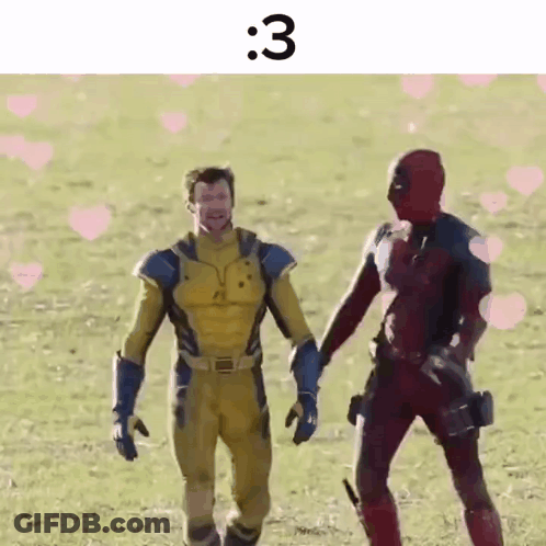 Wolverine And Deadpool Holding Hands With Hearts GIF