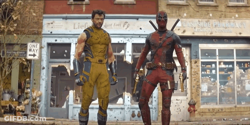 Wolverine And Deadpool Standing In Front Of One Way Street Sign GIF