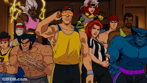 Wolverine And Rogue Posing With Group GIF