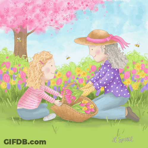 Woman And Girl Picking Flowers GIF