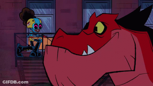 Woman And Red Monster With Heart GIF
