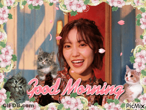 Woman And Two Kittens Saying Good Morning GIF