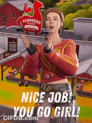 Woman Applauding In Front Of Farmers Market Sign GIF