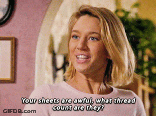 Woman Asking About Thread Count GIF