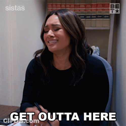 Woman At Desk Saying Get Outta Here GIF