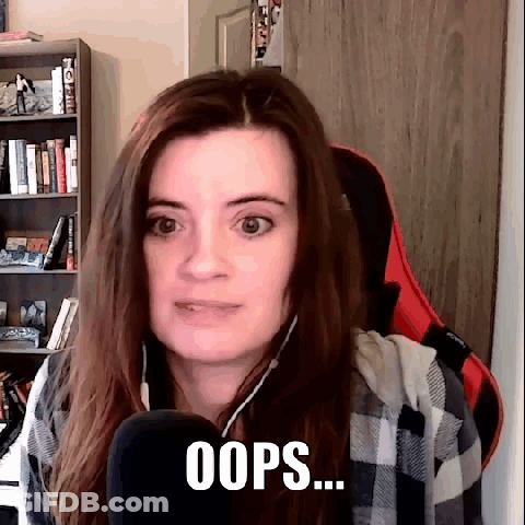 Woman At Microphone With Bookshelf Saying Oops GIF
