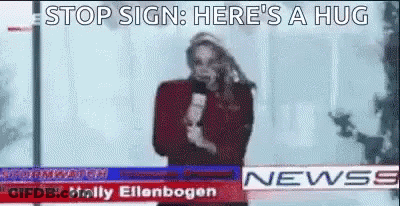 Woman At News Desk Saying Stop Sign Here's A Hug GIF