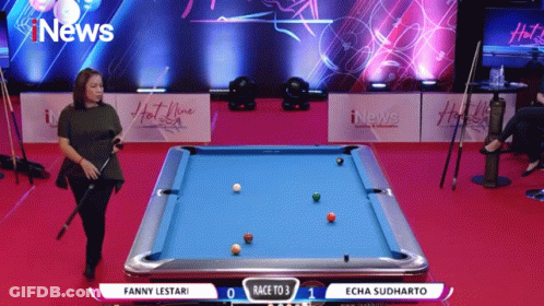 Woman At Pool Table With News Sign GIF