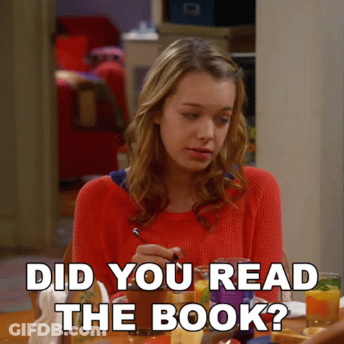 Woman At Table Saying Did You Read The Book GIF