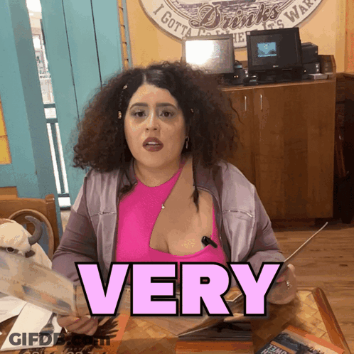 Woman At Table With Word Very GIF